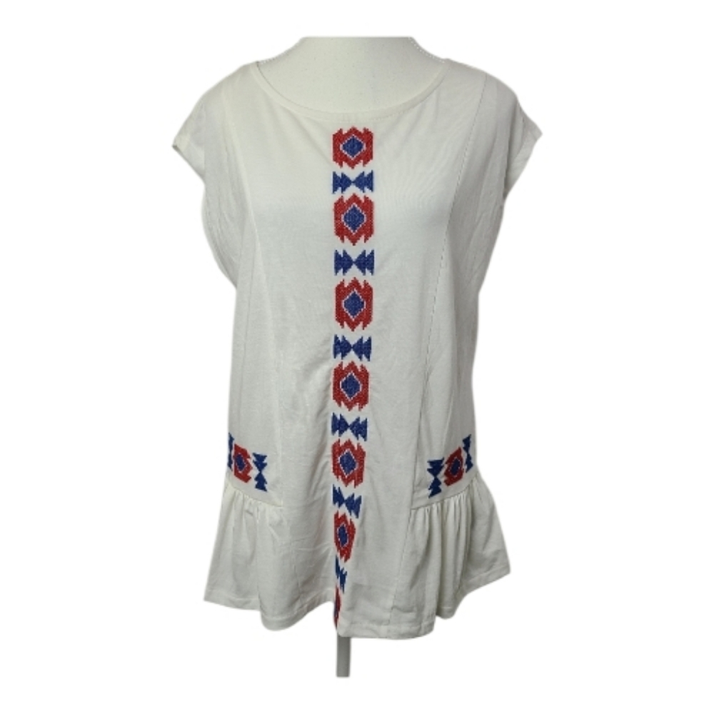 Tom Tailor White Sleeveless Blouse Womens Size L Cross Stitch Detail Boho Top